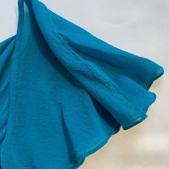 SPENSER JEREMY Gorgeous Teal Flutter Sleeve Cowl Neck 100% Silk Midi Dress Sz 6 - Picture 10 of 14